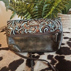 Patricia Nash Brown and Teal Embossed Leather Clutch